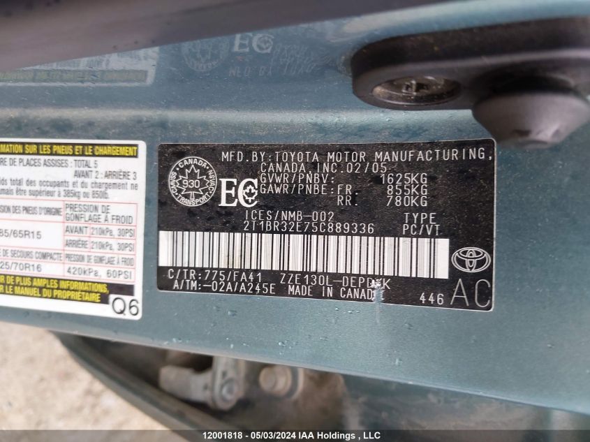 2005 Toyota Corolla Ce VIN: 2T1BR32E75C889336 Lot: 12001818