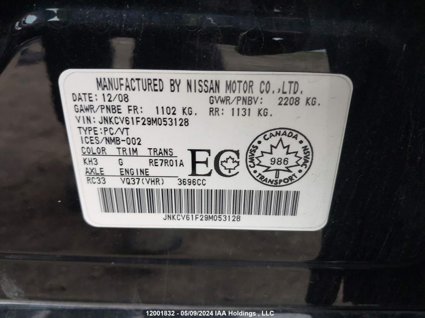 2009 Infiniti G37 VIN: JNKCV61F29M053128 Lot: 12001832