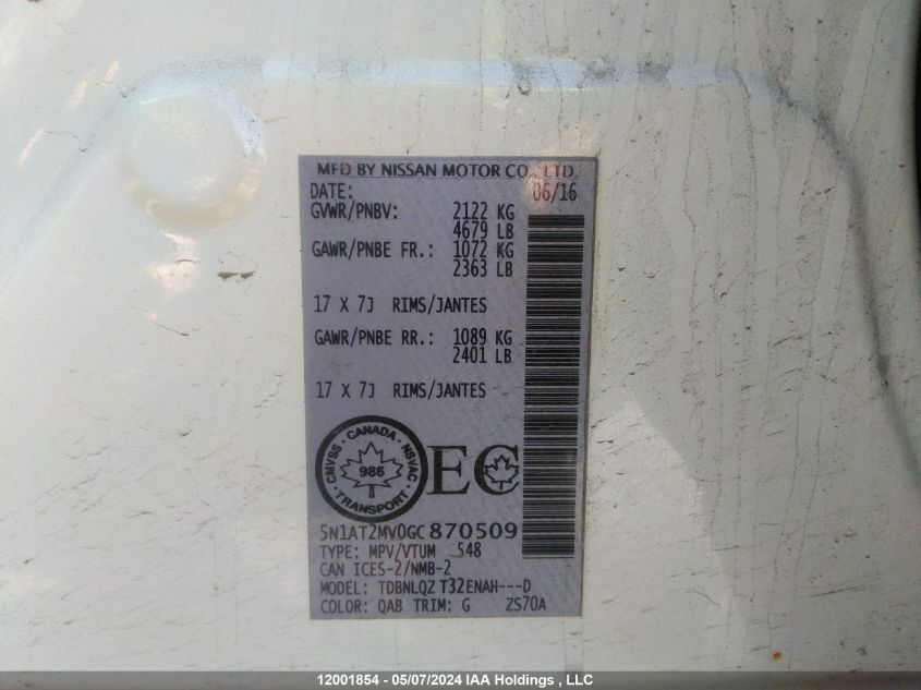 2016 Nissan Rogue VIN: 5N1AT2MV0GC870509 Lot: 12001854