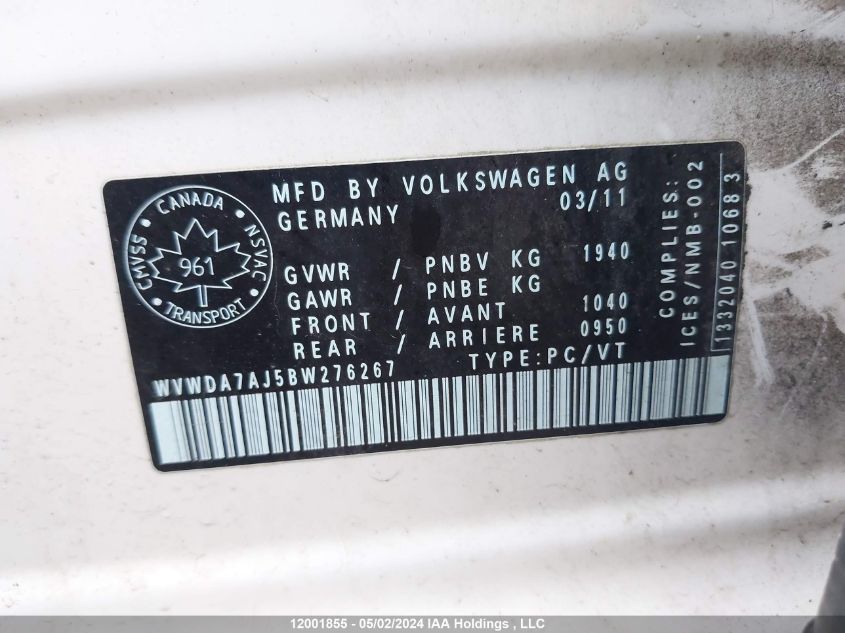 2011 Volkswagen Golf VIN: WVWDA7AJ5BW276267 Lot: 12001855