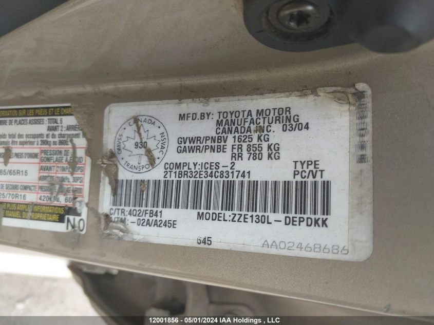 2004 Toyota Corolla VIN: 2T1BR32E34C831741 Lot: 12001856