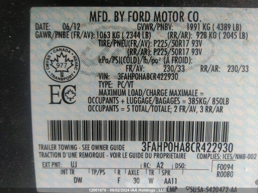 2012 Ford Fusion Se VIN: 3FAHP0HA8CR422930 Lot: 12001870