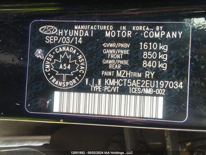 2014 Hyundai Accent Gls/Gs VIN: KMHCT5AE2EU197034 Lot: 12001882