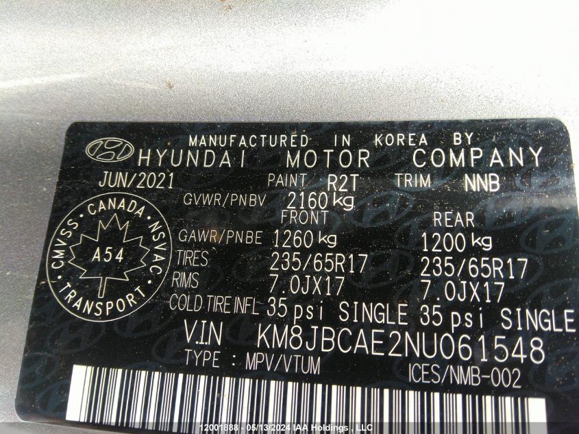 2022 Hyundai Tucson Essential Awd VIN: KM8JBCAE2NU061548 Lot: 12001888