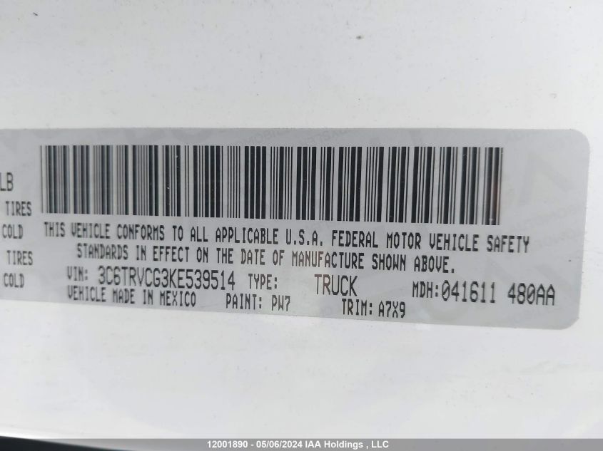 2019 Ram Promaster 2500 High Roof 136 Wb VIN: 3C6TRVCG3KE539514 Lot: 12001890