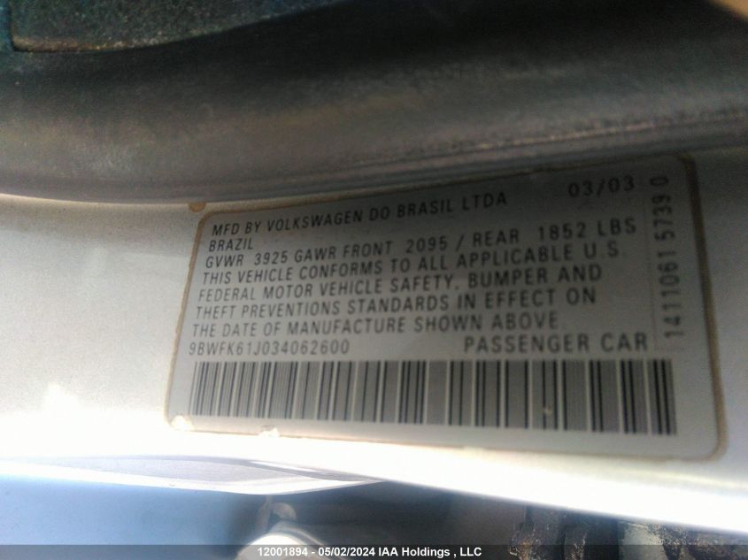 2003 Volkswagen Golf VIN: 9BWFK61J034062600 Lot: 12001894