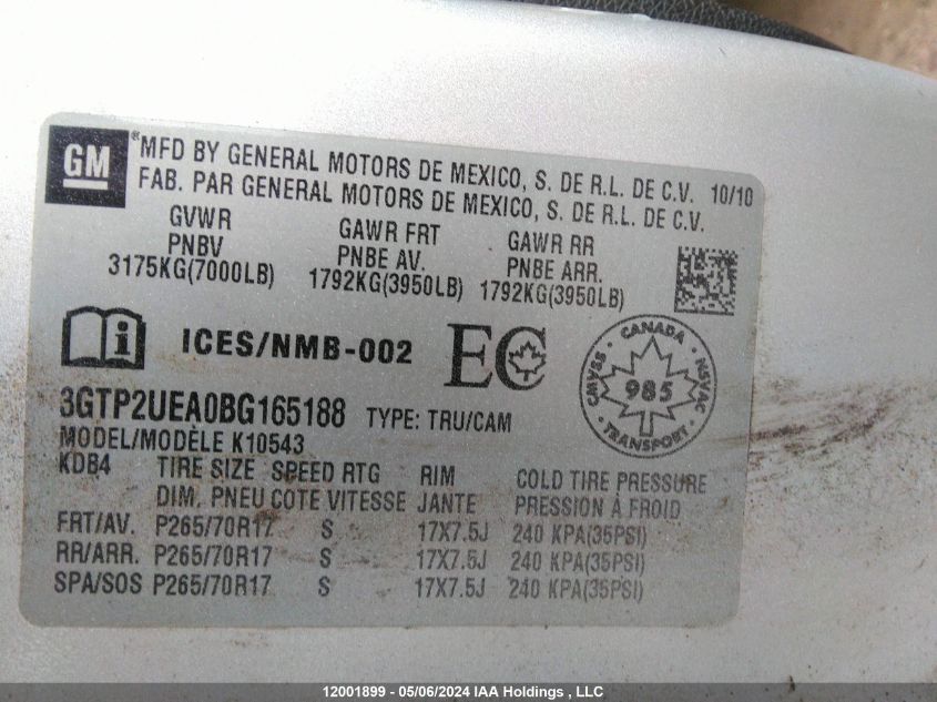 2011 GMC Sierra 1500 VIN: 3GTP2UEA0BG165188 Lot: 12001899