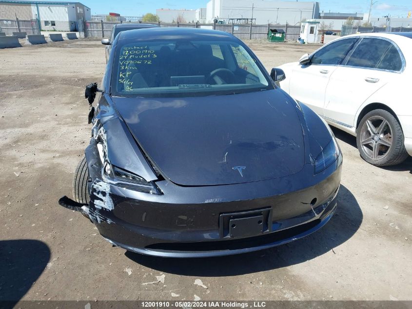 2024 Tesla Model 3 VIN: LRW3E7FA2RC090672 Lot: 12001910