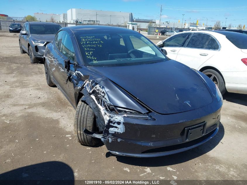 2024 Tesla Model 3 VIN: LRW3E7FA2RC090672 Lot: 12001910