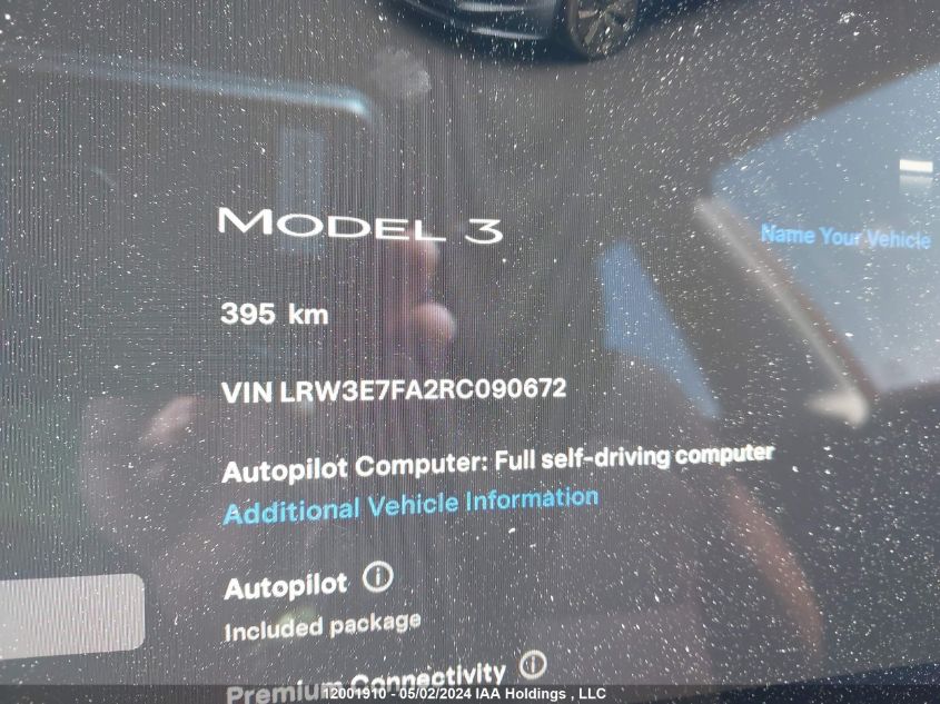 2024 Tesla Model 3 VIN: LRW3E7FA2RC090672 Lot: 12001910