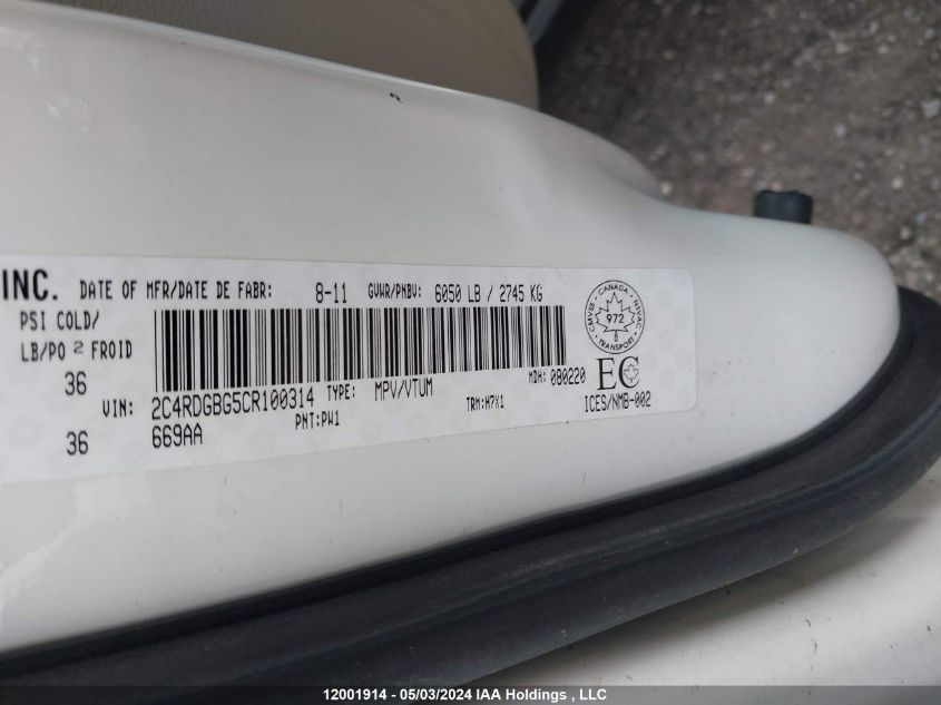 2012 Dodge Grand Caravan Se VIN: 2C4RDGBG5CR100314 Lot: 12001914