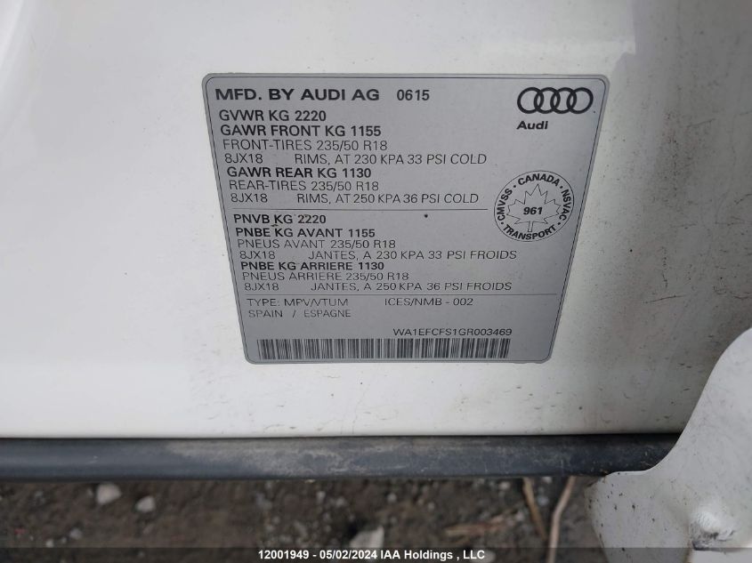 2016 Audi Q3 VIN: WA1EFCFS1GR003469 Lot: 12001949