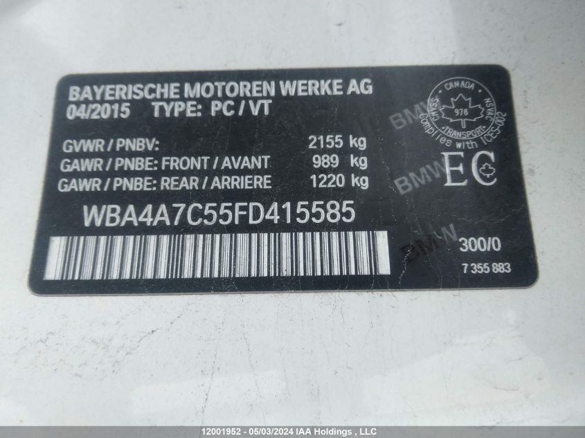 2015 BMW 428 Xi Gran Coupe VIN: WBA4A7C55FD415585 Lot: 12001952