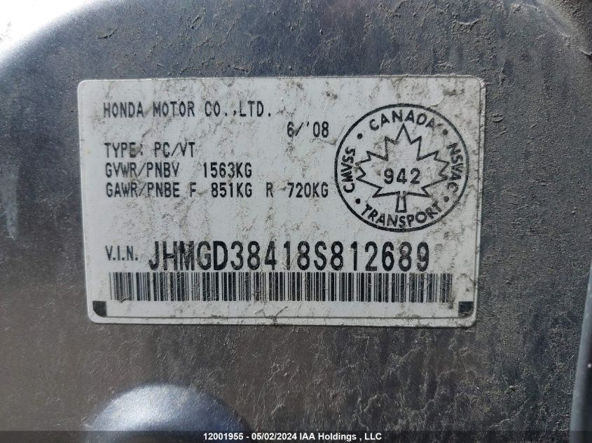 2008 Honda Fit VIN: JHMGD38418S812689 Lot: 12001955