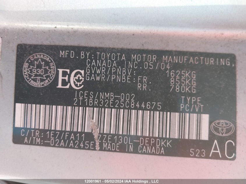 2005 Toyota Corolla Ce/Le/S VIN: 2T1BR32E25C844675 Lot: 12001961