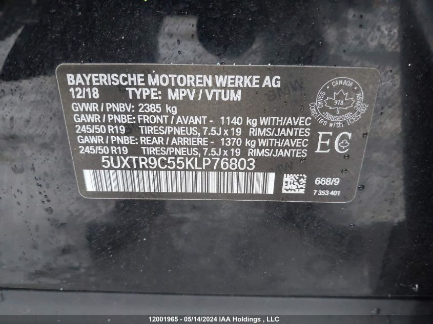 2019 BMW X3 VIN: 5UXTR9C55KLP76803 Lot: 12001965