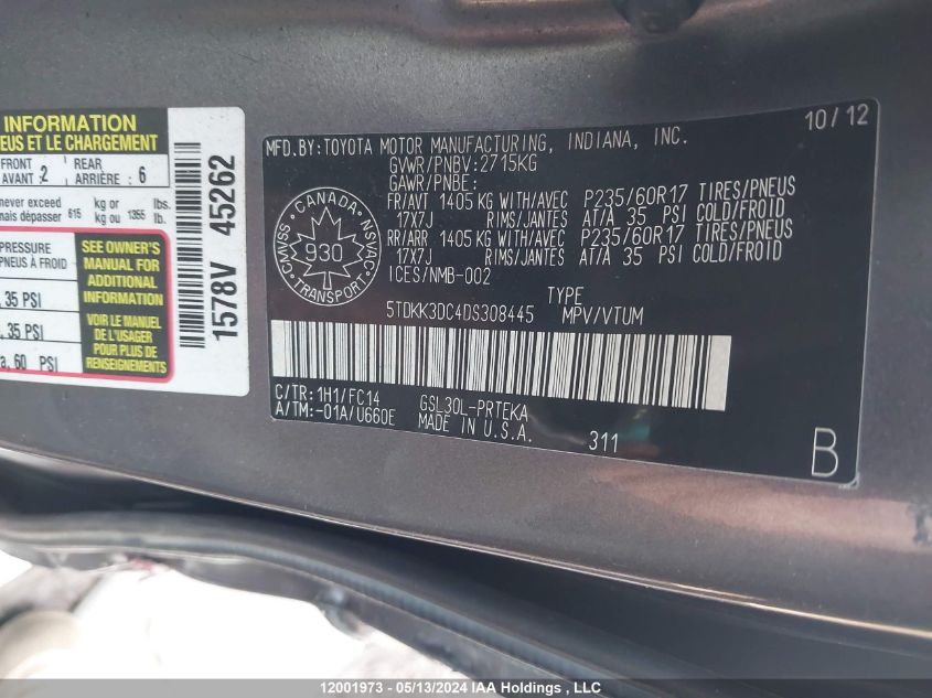 2013 Toyota Sienna Le VIN: 5TDKK3DC4DS308445 Lot: 12001973