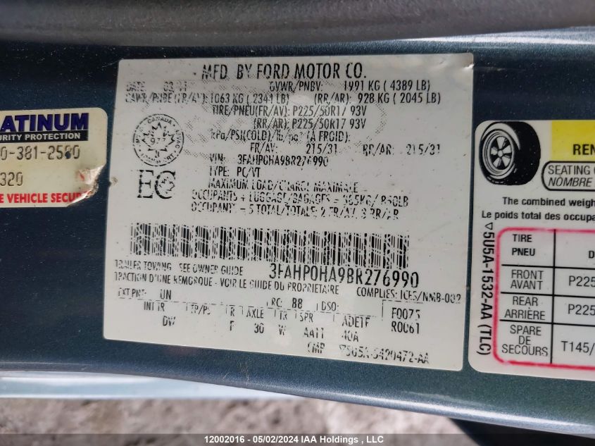 2011 Ford Fusion Se VIN: 3FAHP0HA9BR276990 Lot: 12002016