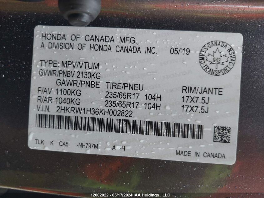 2019 Honda Cr-V VIN: 2HKRW1H36KH002822 Lot: 12002022