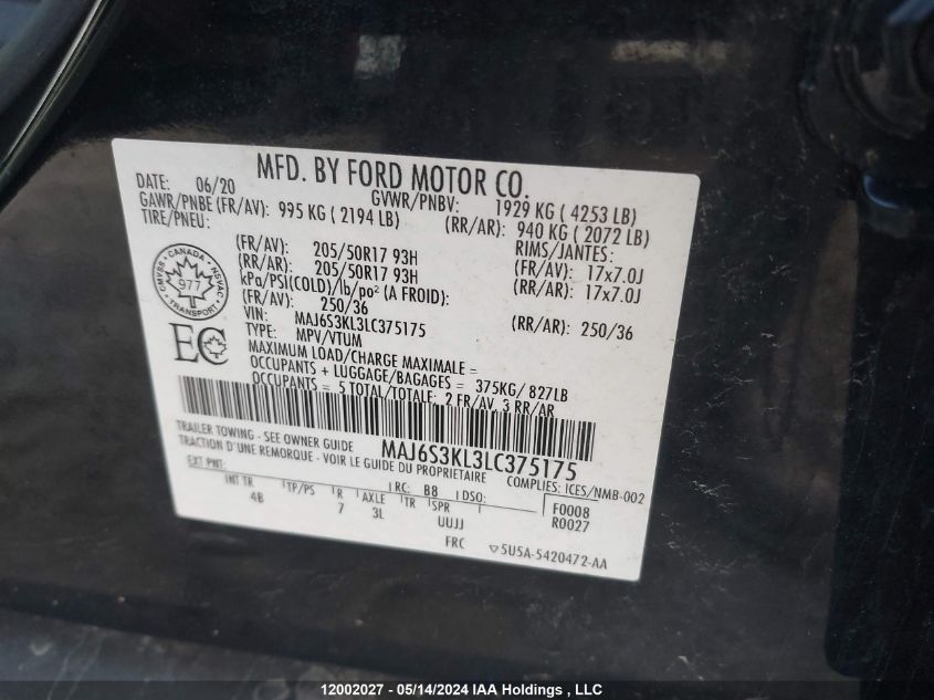 2020 Ford Ecosport Titanium VIN: MAJ6S3KL3LC375175 Lot: 12002027