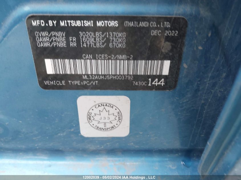 2023 Mitsubishi Mirage VIN: ML32AUHJ5PH003792 Lot: 12002039