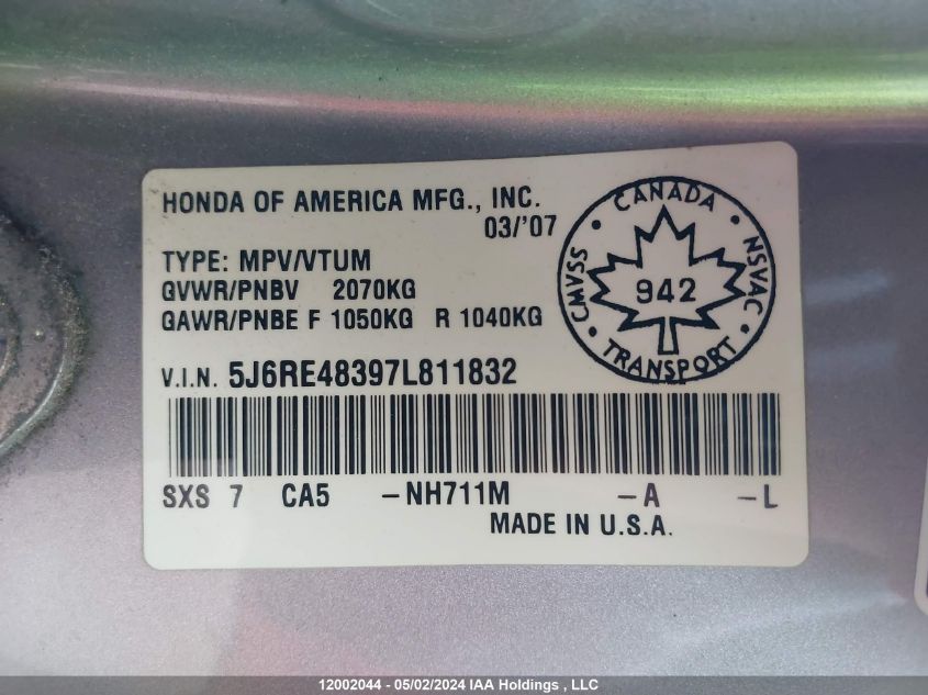 2007 Honda Cr-V VIN: 5J6RE48397L811832 Lot: 12002044