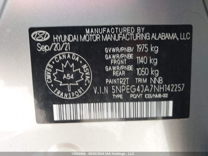 2022 Hyundai Sonata Preferred VIN: 5NPEG4JA7NH142257 Lot: 12002064