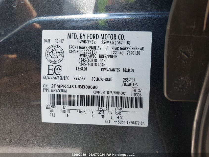 2018 Ford Edge Sel VIN: 2FMPK4J81JBB00690 Lot: 12002080