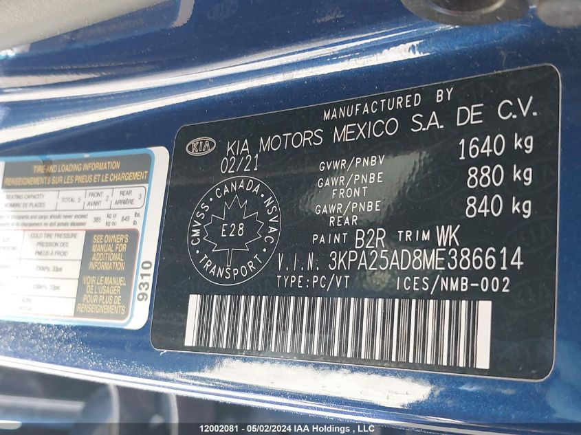 2021 Kia Rio 5-Door VIN: 3KPA25AD8ME386614 Lot: 12002081