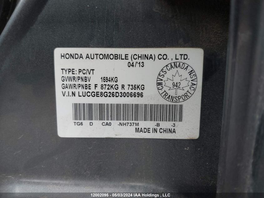 2013 Honda Fit Dx VIN: LUCGE8G26D3006696 Lot: 12002095