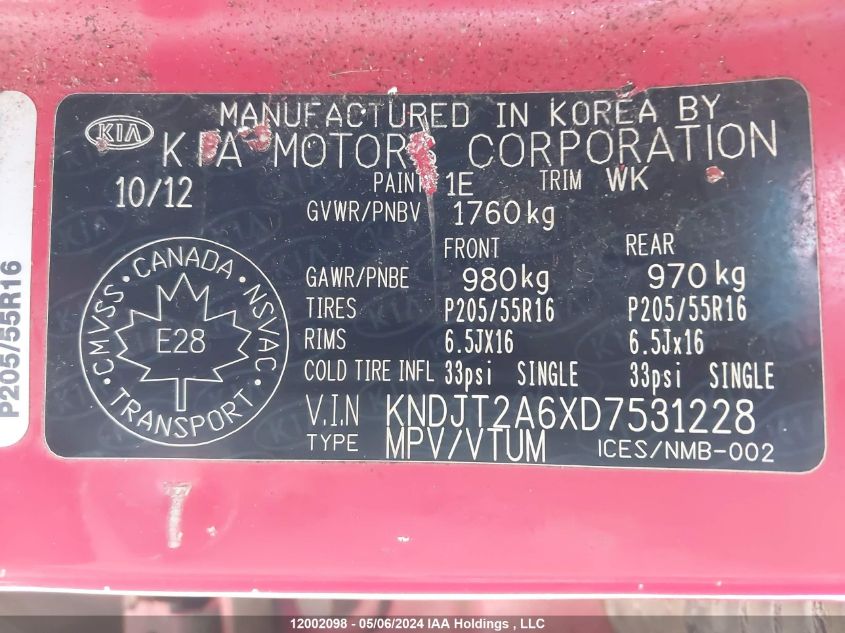 2013 Kia Soul +/!/Sport VIN: KNDJT2A6XD7531228 Lot: 12002098