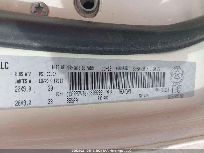 2017 Ram 1500 Laramie VIN: 1C6RR7VT6HS599292 Lot: 12002102