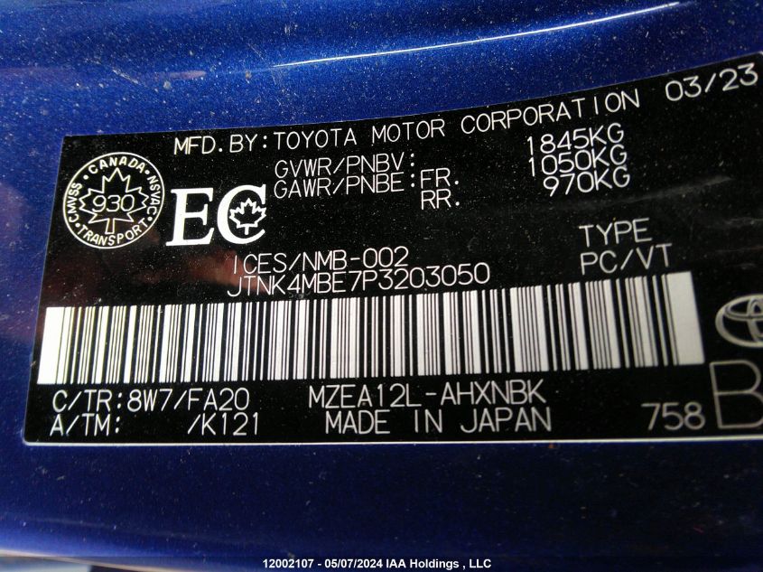 2023 Toyota Corolla VIN: JTNK4MBE7P3203050 Lot: 12002107