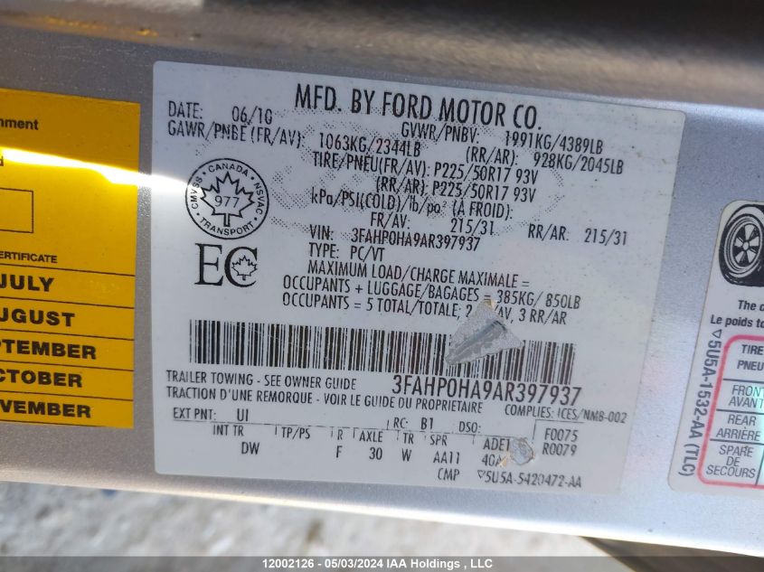 2010 Ford Fusion Se VIN: 3FAHP0HA9AR397937 Lot: 12002126