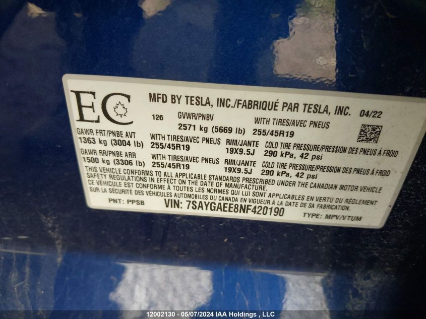 2022 Tesla Model Y VIN: 7SAYGAEE8NF420190 Lot: 12002130