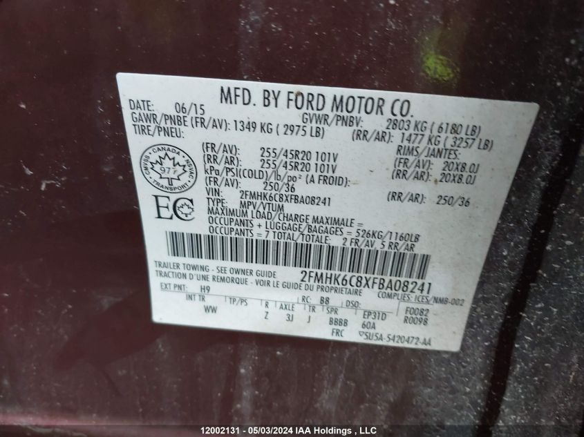 2015 Ford Flex Sel VIN: 2FMHK6C8XFBA08241 Lot: 12002131