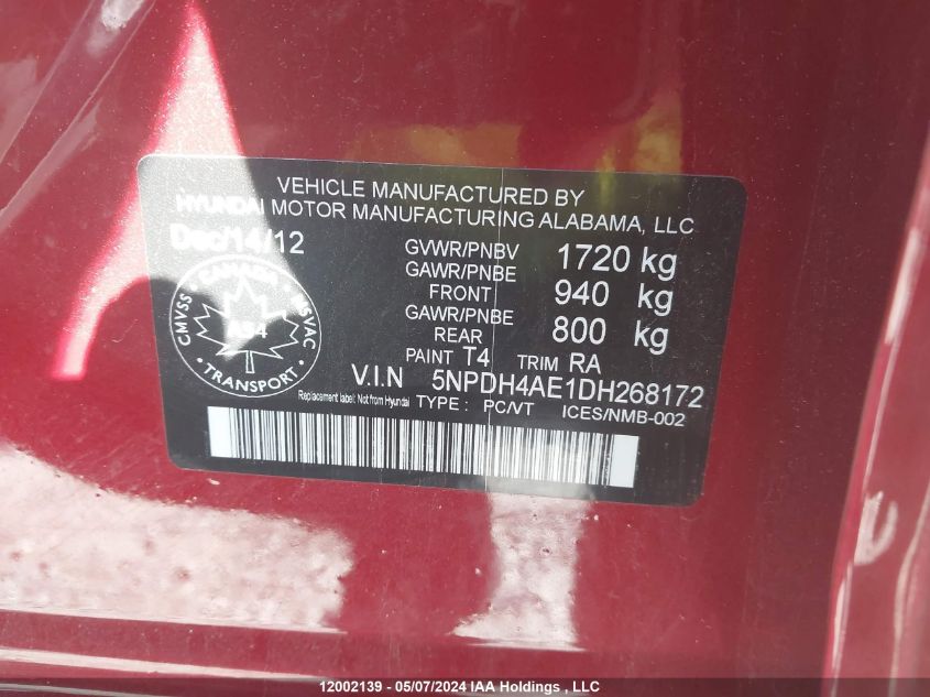 2013 Hyundai Elantra Gl VIN: 5NPDH4AE1DH268172 Lot: 12002139