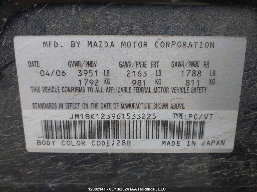 2006 Mazda Mazda3 VIN: JM1BK123961533225 Lot: 12002141