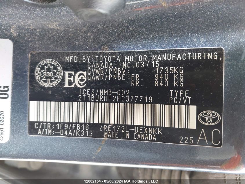 2015 Toyota Corolla L/Le/Le Pls/Prm/S/S Pls VIN: 2T1BURHE2FC377719 Lot: 12002154