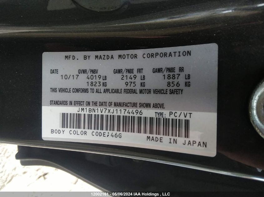 2018 Mazda 3 Touring VIN: JM1BN1V7XJ1174496 Lot: 12002161