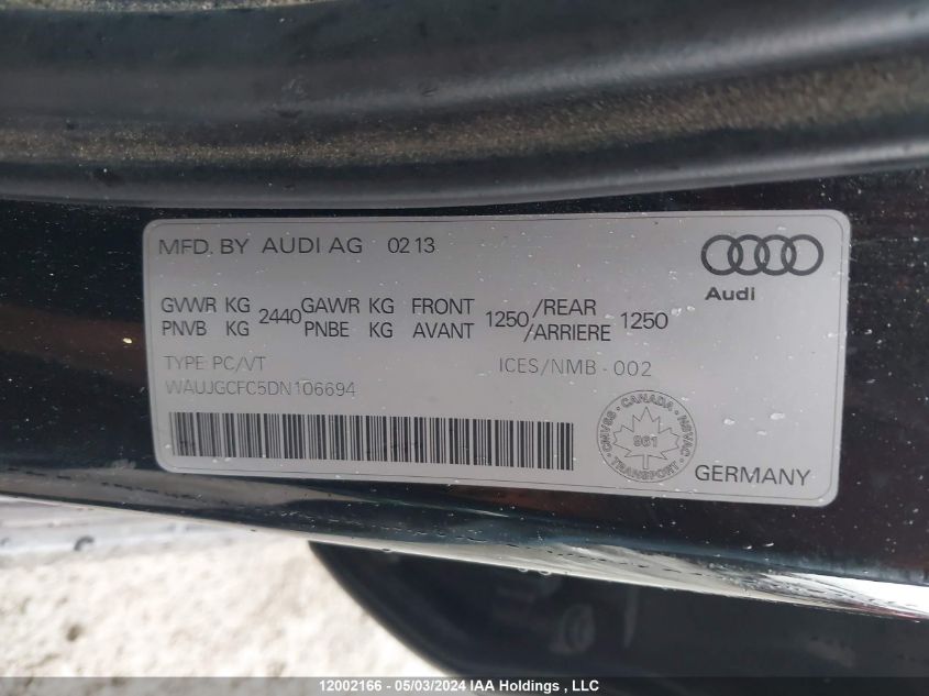 2013 Audi A6 VIN: WAUJGCFC5DN106694 Lot: 12002166