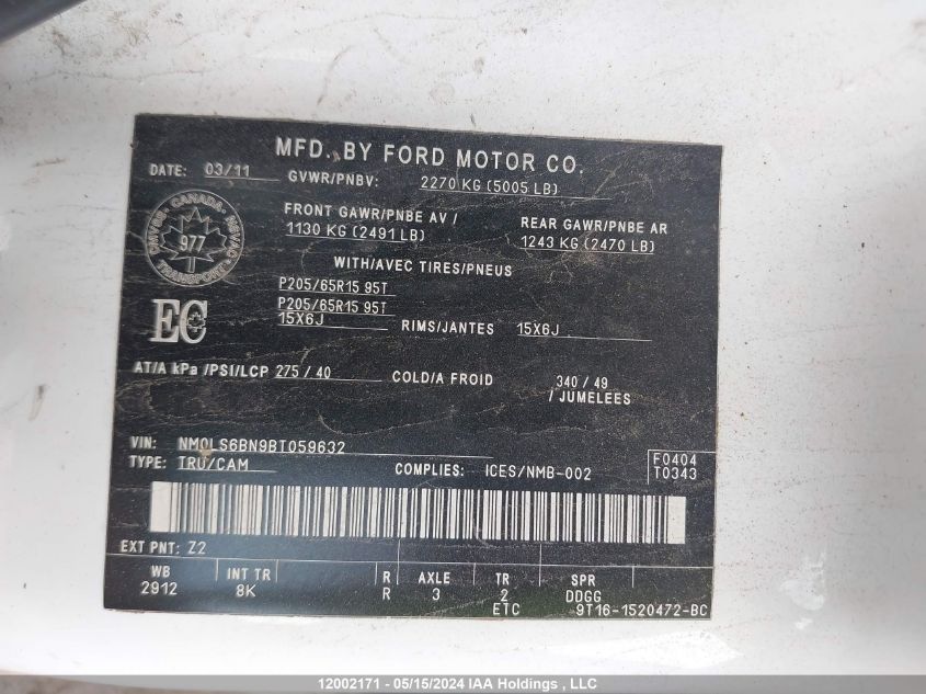 2011 Ford Transit Connect Xlt VIN: NM0LS6BN9BT059632 Lot: 12002171