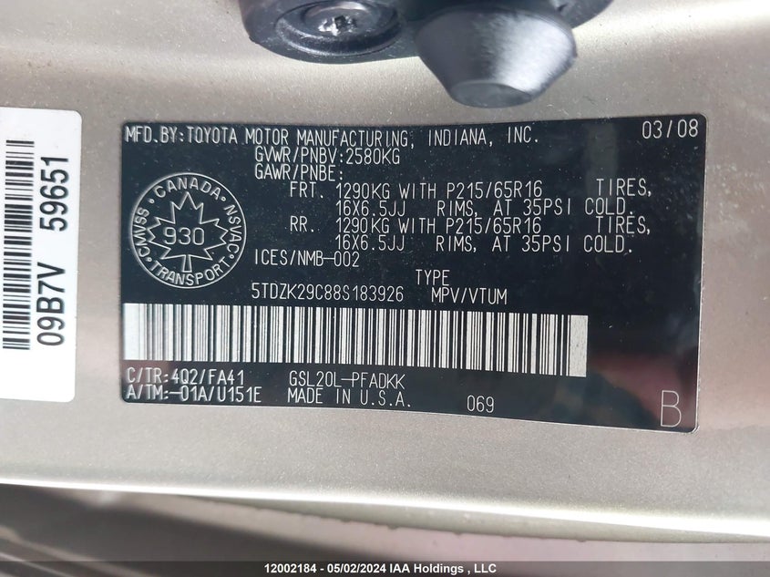 2008 Toyota Sienna Ce VIN: 5TDZK29C88S183926 Lot: 12002184