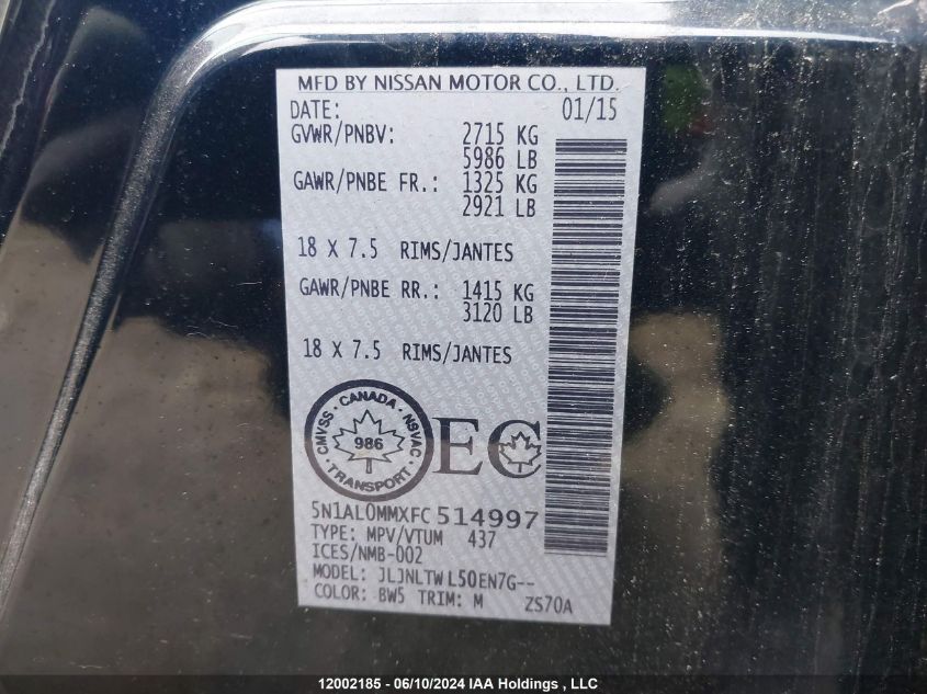 2015 Infiniti Qx60 VIN: 5N1AL0MMXFC514997 Lot: 12002185