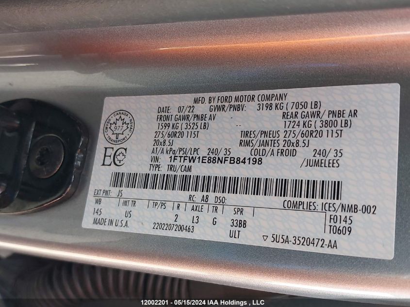 2022 Ford F150 Supercrew VIN: 1FTFW1E88NFB84198 Lot: 12002201