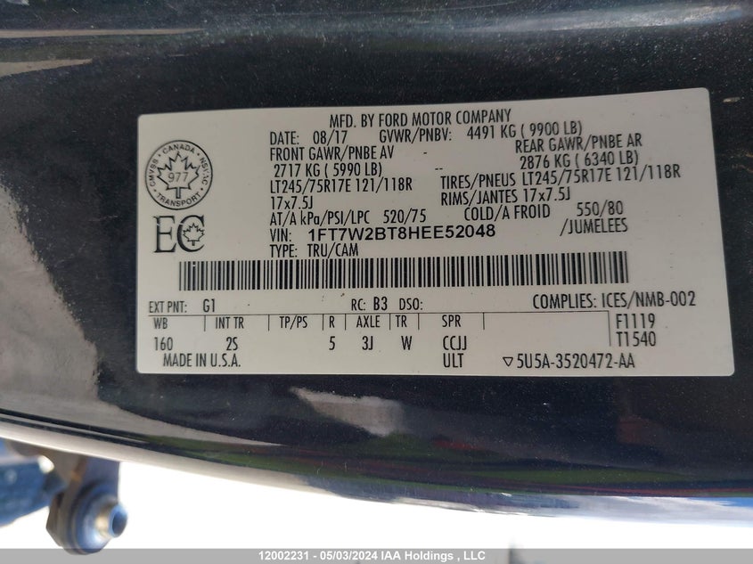 2017 Ford F-250 Xlt VIN: 1FT7W2BT8HEE52048 Lot: 12002231