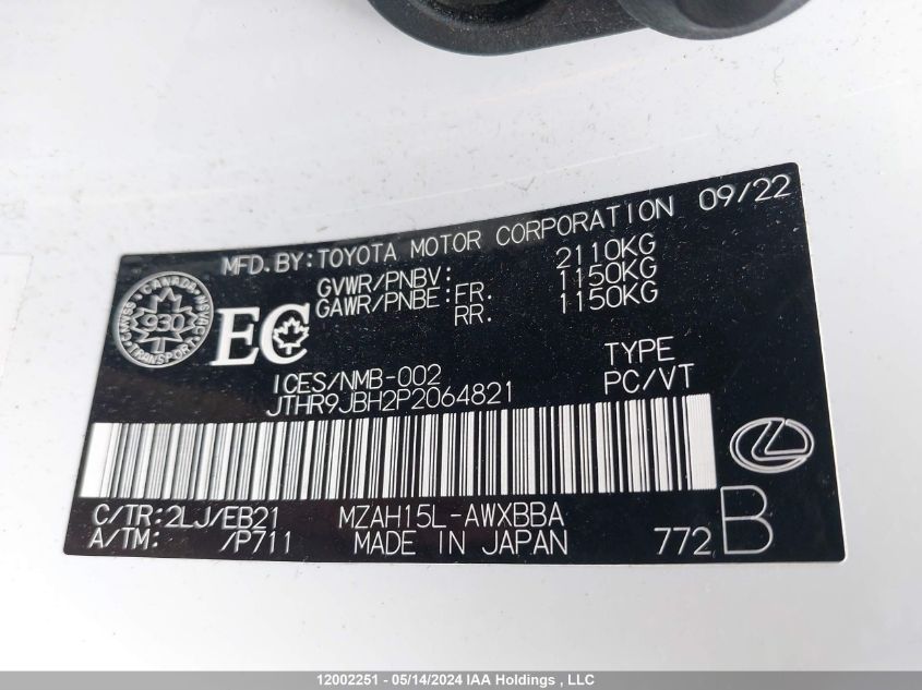 2023 Lexus Ux 250H VIN: JTHR9JBH2P2064821 Lot: 12002251