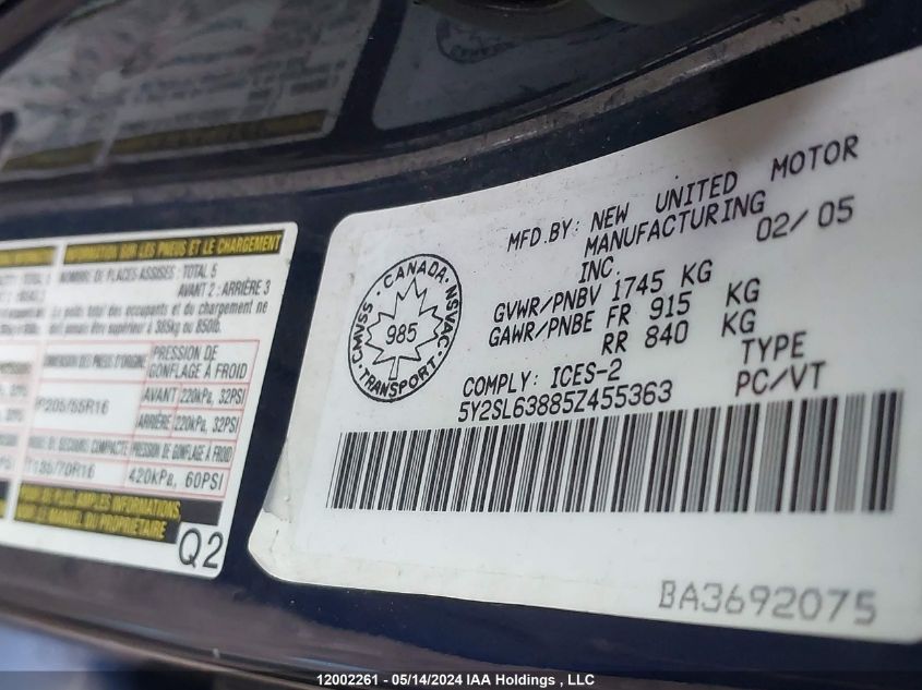 2005 Pontiac Vibe VIN: 5Y2SL63885Z455363 Lot: 12002261