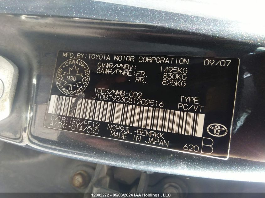 2008 Toyota Yaris VIN: JTDBT923081202516 Lot: 12002272