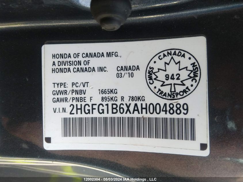 2010 Honda Civic VIN: 2HGFG1B6XAH004889 Lot: 12002304